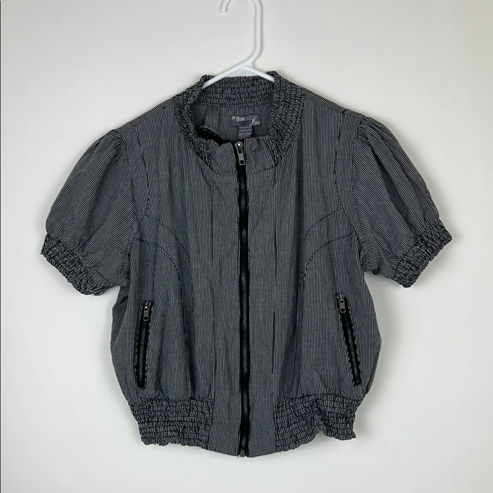 Poetry Clothing Zip-Up Top With Elevated Neck Black Gray Stripes Sz L